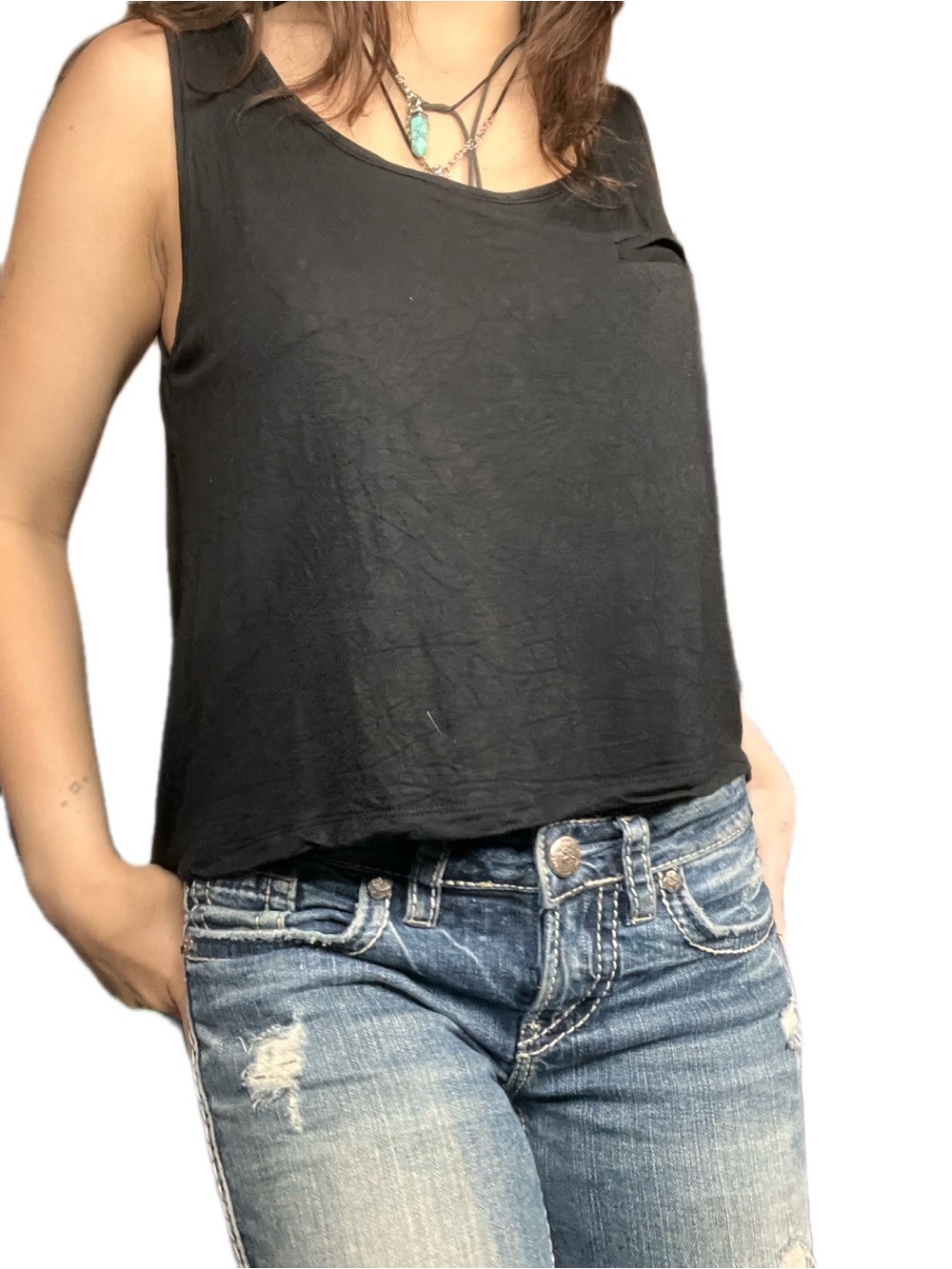 Y2K Robin K Black Boxy Tank | Indie Sleaze High-Low Hem | Size L